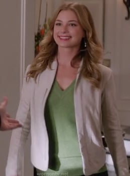 Emily’s beige jacket and green v-neck sweater on Revenge