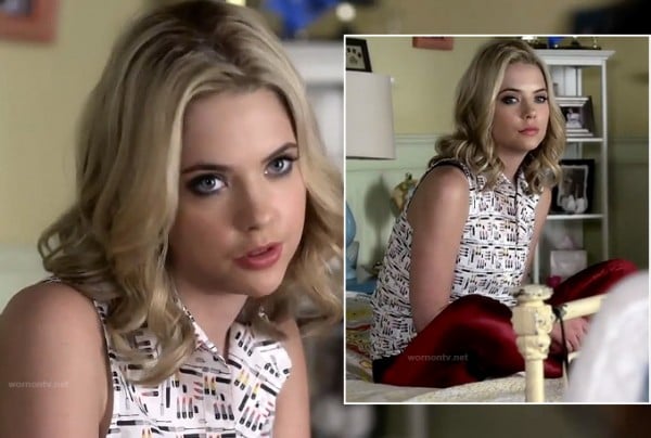 Hanna's white sleeveless shirt with tiny lipstick print on PLL