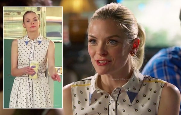 Lemon's polka dot shirt dress with blue collar on Hart of DIxie