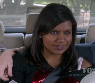 Mindy’s black and red sequin heart sweater on The Mindy Project