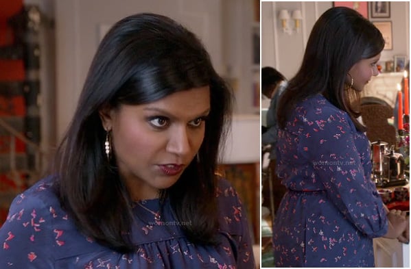 Mindy's blue and pink printed long sleeve dress on The Mindy Project