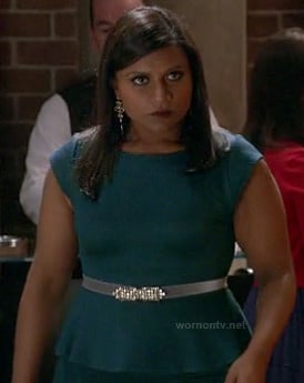 Mindy’s teal green peplum dress with jewelled belt on The Mindy Project