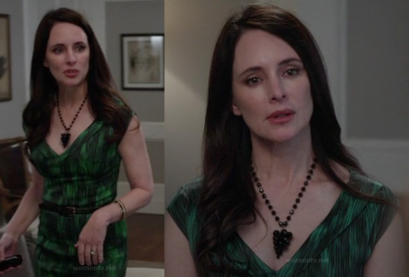 Victoria's green printed  belted dress on Revenge