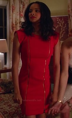 April’s red zip front dress on Mistresses