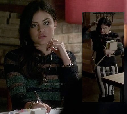 Aria's black and white striped jeans on PLL