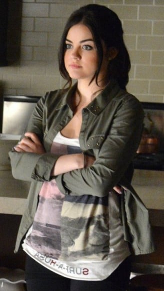 Aria's khaki green jacket with studs on PLL