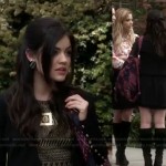 Aria’s black studded blazer and pink aztec print backpack on Pretty Little Liars