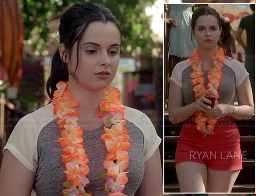 Bay’s grey and white baseball tee and orange shorts on Switched at Birth