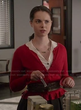 Bay’s red ruffled cardigan on Switched at Birth