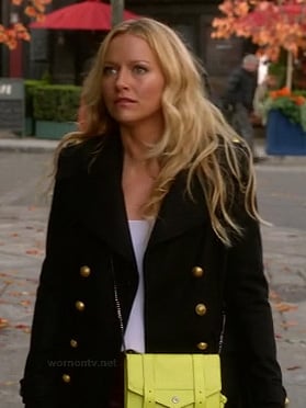 Chloe’s military style coat and neon yellow purse on The Goodwin Games
