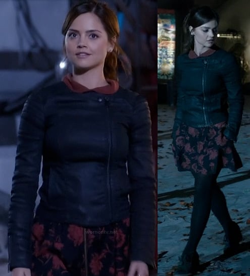 Clara’s red and black floral dress with asymmetric denim jacket on Doctor Who