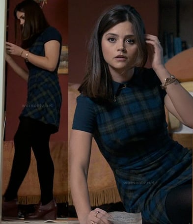 Clara’s blue plaid collared dress and burgundy wedges on Doctor Who