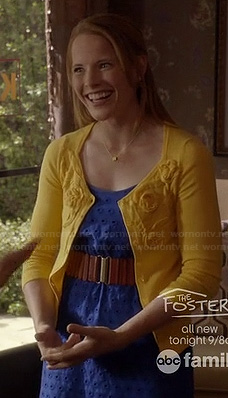 Daphne’s royal blue eyelet dress and yellow flower cardigan on Switched at Birth