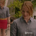 Daphne’s red lace skirt, yellow flower belt and chambray dot print shirt on Switched at Birth