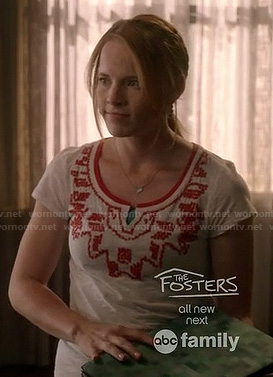 Daphne’s white and red beaded tee on Switched at Birth