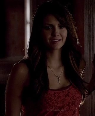 Elena's red lace cami top and gold leaf necklace on TVD