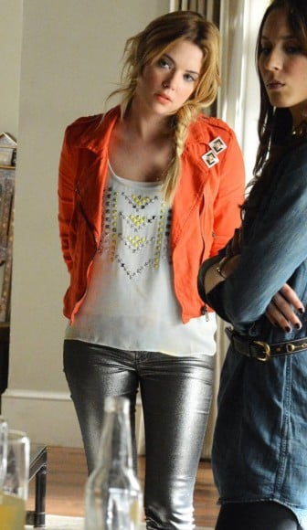 Hanna's orange moto jacket on PLL