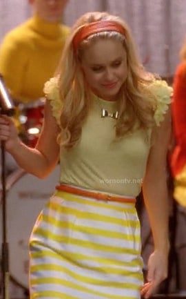 Kitty's yellow striped skirt and bow necklace on Glee