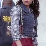 Mona’s black gingham check tie front shirt with denim vest on Pretty Little Liars
