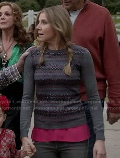 Polly’s sequinned stripe sweater with elbow patches on How To Live With Your Parents