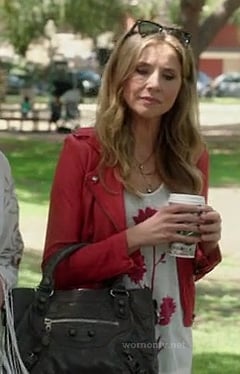 Polly’s red leather jacket and grey purse on How to Live with Your Parents
