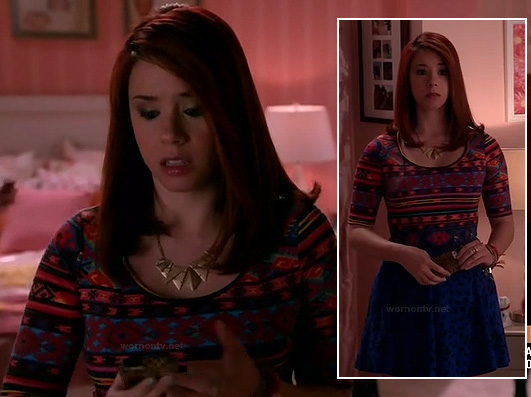 Tamara’s blue leopard print skirt, geo printed top and gold plate necklace on Awkward