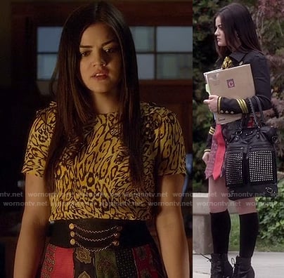 Aria's neck-tie patchwork skirt on PLL