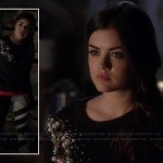 Aria’s black and white stripe pattern jeans and pearl embellished top on Pretty Little Liars