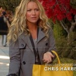 Chloe’s grey trench coat with leather trim and yellow tote bag on The Goodwin Games