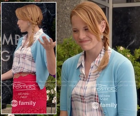 Daphne’s red lace skirt, plaid shirt and blue cardigan on Switched at Birth