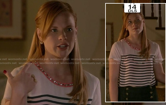 Daphne’s white striped top with pink embellished neckline and button front shorts on Switched at Birth