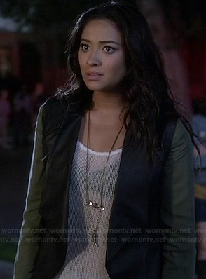 Emily's green leather combo jacket on PLL