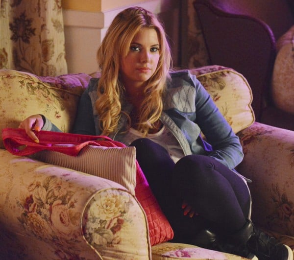 Hanna's denim criss cross jacket on PLL