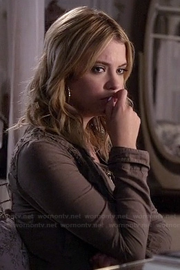 Hanna's army green crochet shoulder jacket on PLL