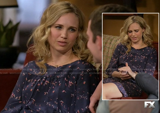 Jenna’s blue dress with pink print on Wilfred