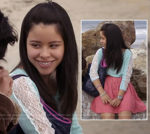 Mariana’s light blue top with lace insert sleeves and button front skirt on The Fosters