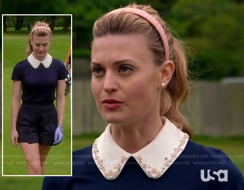 Paige’s blue top with white beaded collar on Royal Pains