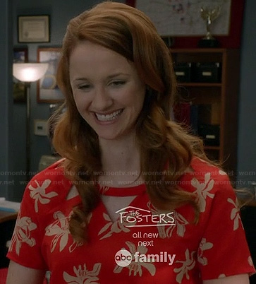 Parker’s red orchid print dress with triangle cutout neckline on Switched at Birth