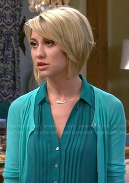 Riley’s teal green pintuck shirt and gold whale necklace on Baby Daddy