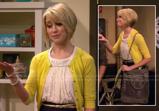 Riley’s white and silver polka dot top with bow, yellow cardigan and grey studded shoulder bag on Baby Daddy