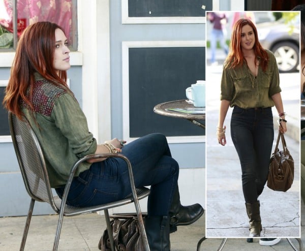 Rumer Willis's green acid wash shirt on Pretty Little Liars