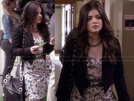 Aria's floral dress with black studded bag on PLL