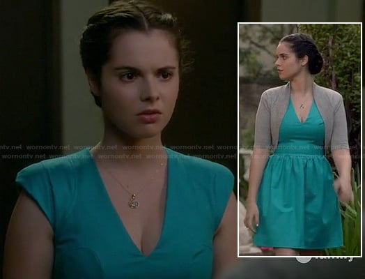 Bay’s turquoise blue v-neck dress and grey shrug on Switched at Birth