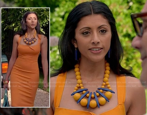 Divya’s orange pencil dress and blue and orange statement necklace on Royal Pains