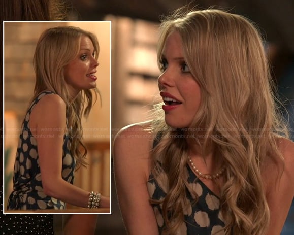 Emily’s blue smudged polka dot one-shoulder dress on The Vineyard