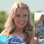 Emily’s blue and white rope printed strapless romper on The Vineyard