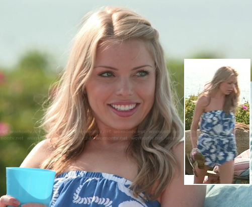 Emily’s blue and white rope printed strapless romper on The Vineyard