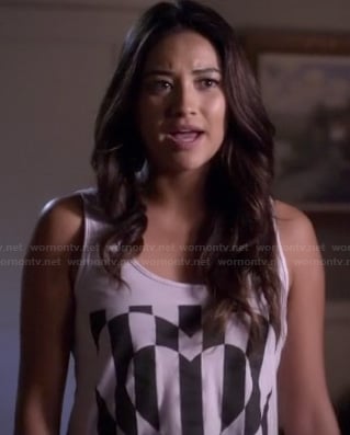 Emily's white tank top with black cutout graphic on PLL