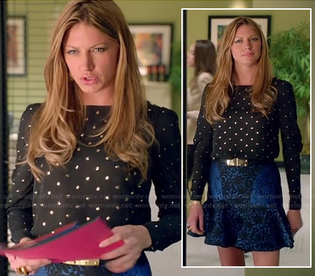 Josslyn’s black studded blouse and blue ruffle hem skirt on Mistresses