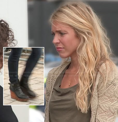 Katie’s crochet cardigan and black wedged ankle boots on The Vineyard